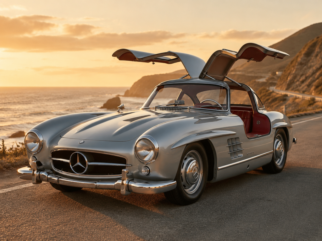 Gün batımında martı kanadı kapıları açık klasik Mercedes-Benz 300 SL Gullwing