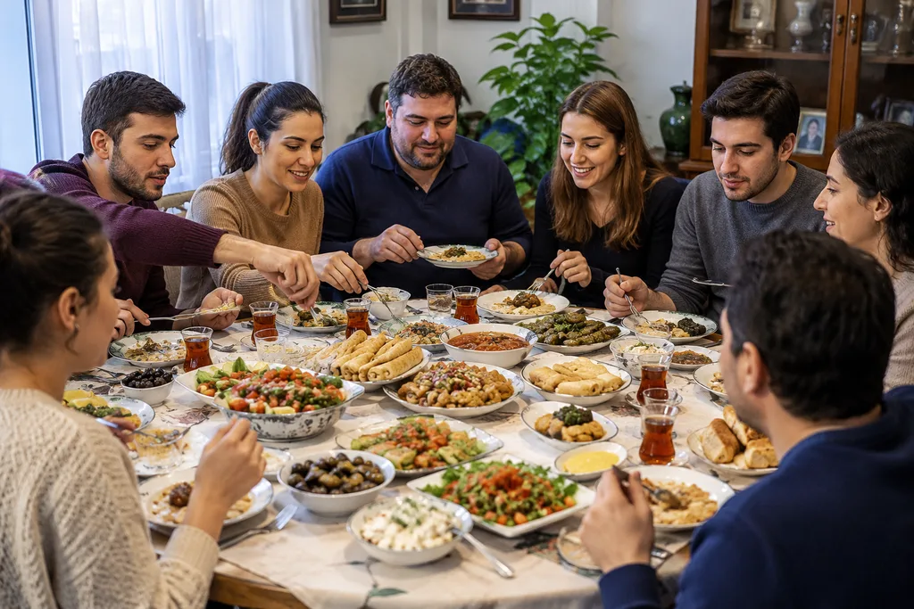 Misafirlikte ikramlarla dolu sofrada oturan misafirler