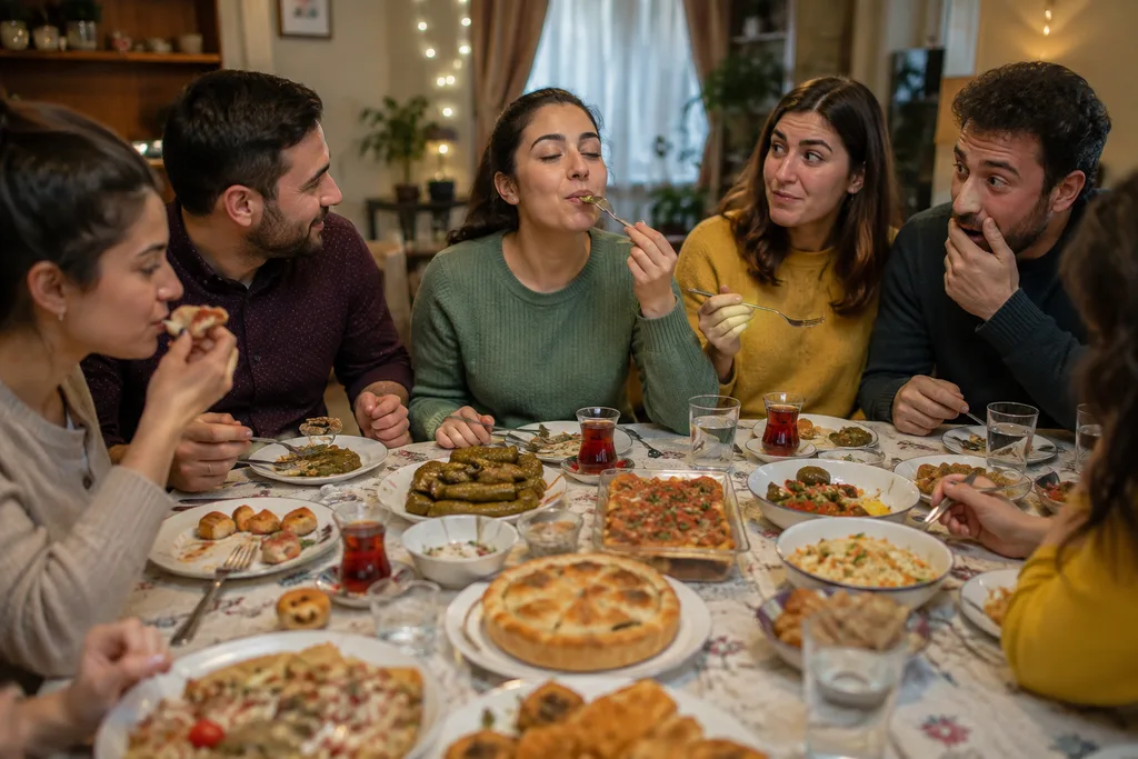 Börek ve sarmalarla dolu misafir sofrasında yemek yiyip sohbet eden arkadaşlar