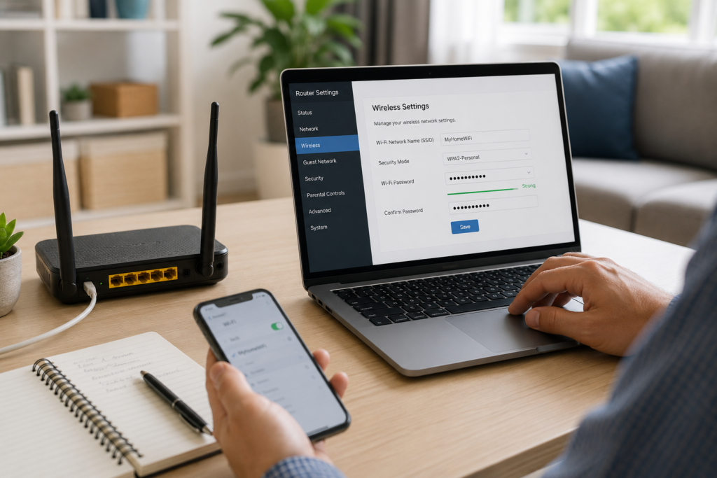 Laptop ve telefon üzerinden modem arayüzünde Wi-Fi şifresi değiştirme işlemi