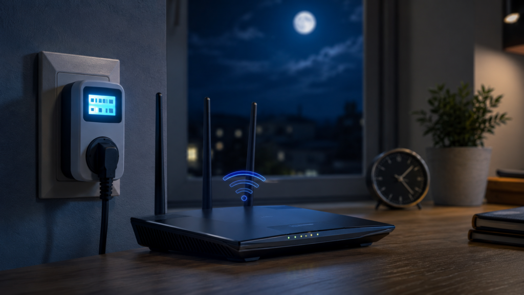 Gece masadaki Wi-Fi router ve duvar prizine takılı enerji ölçer