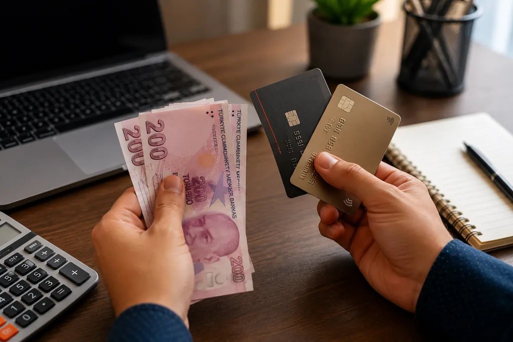 Kredi kartı üzerinden nakit avans kullanımını ve nakit ihtiyacını temsil eden gerçekçi görsel.