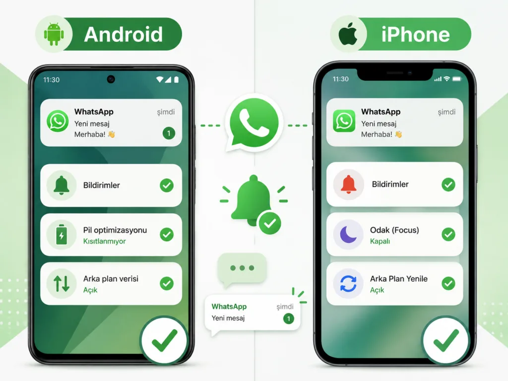 Android ve iPhone ekranlarında WhatsApp bildirim, pil ve Odak ayarlarının kontrolü