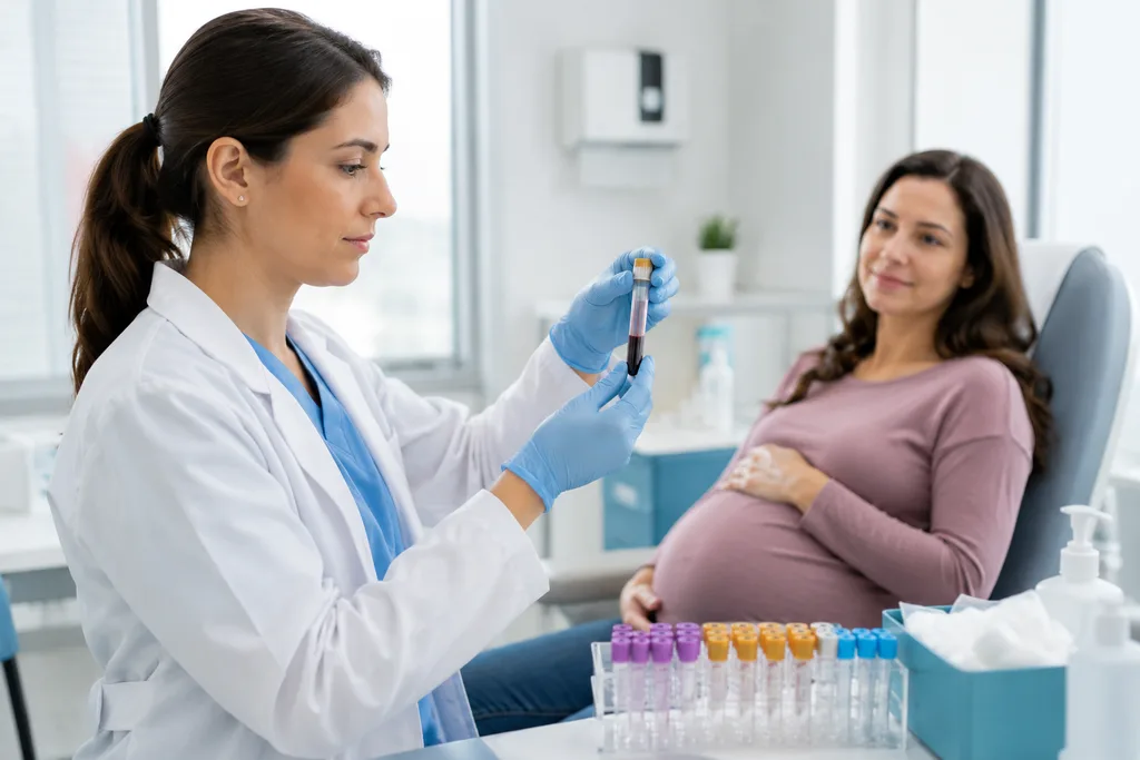 NIPT fetal DNA testi için alınan anne kanı örneğini inceleyen sağlık çalışanı