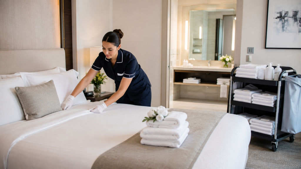 Yeni misafir için otel odasını hazırlayan housekeeping görevlisi ve temizlik arabası