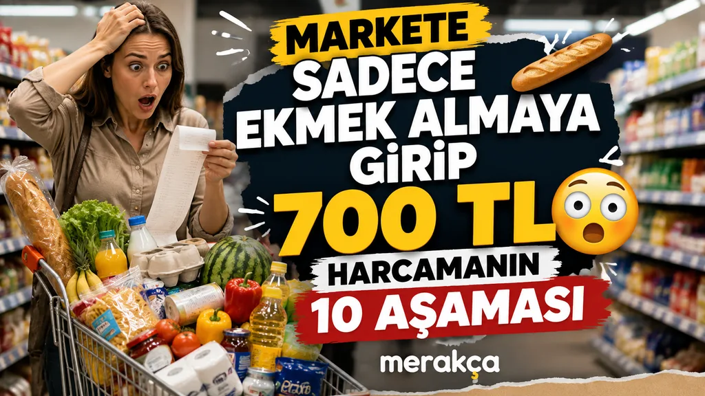 Elinde ekmek tutarken dolu market sepetine şaşkınlıkla bakan müşteri