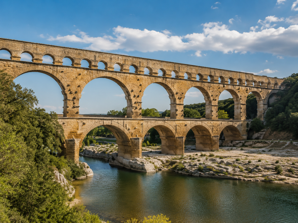 Fransa’daki Pont du Gard su kemeri ve altından geçen nehir manzarası