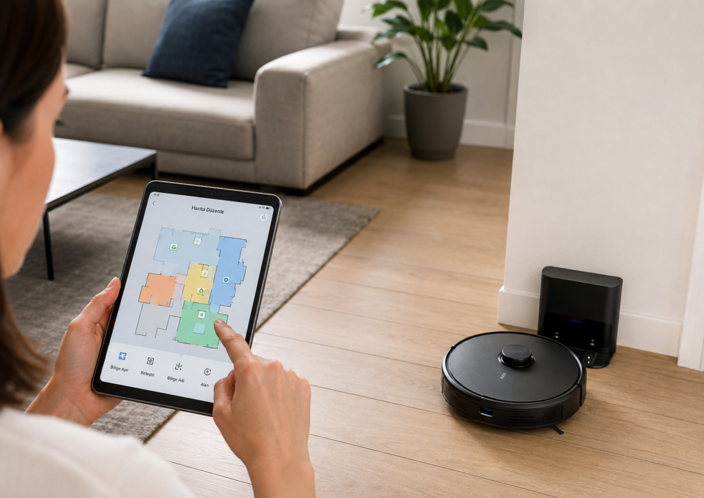 Robot süpürgenin şarj istasyonuna dönmesi ve uygulamadaki ev haritasının kontrol edilmesi.
