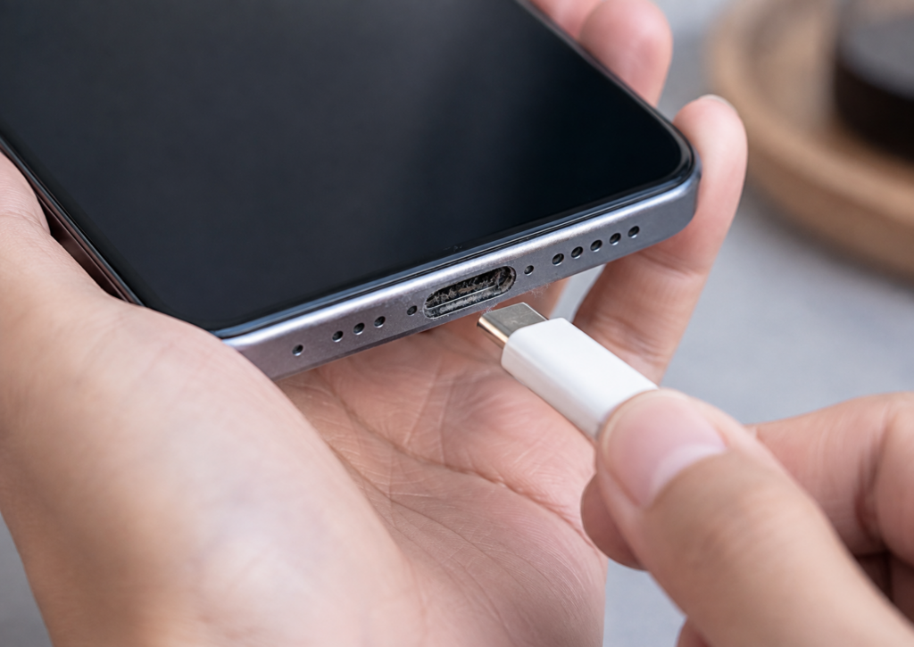 Telefonun şarj girişine tam oturmayan kablo ve port içindeki kir birikimi