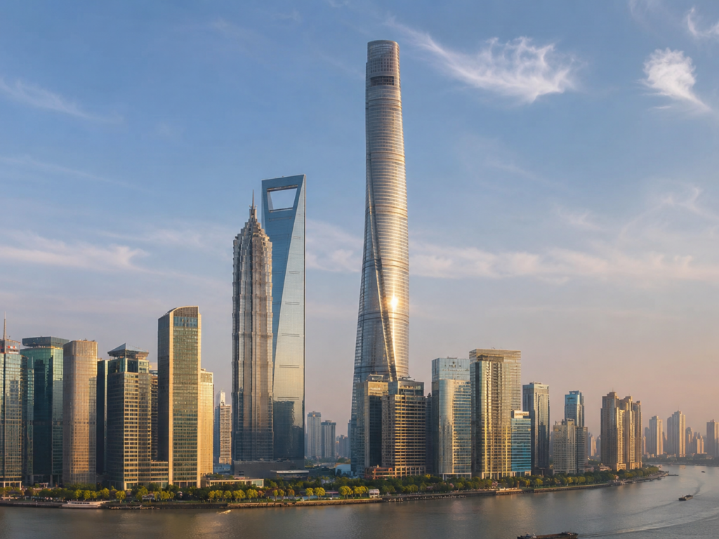 Şanghay kent silüetinde yükselen Shanghai Tower