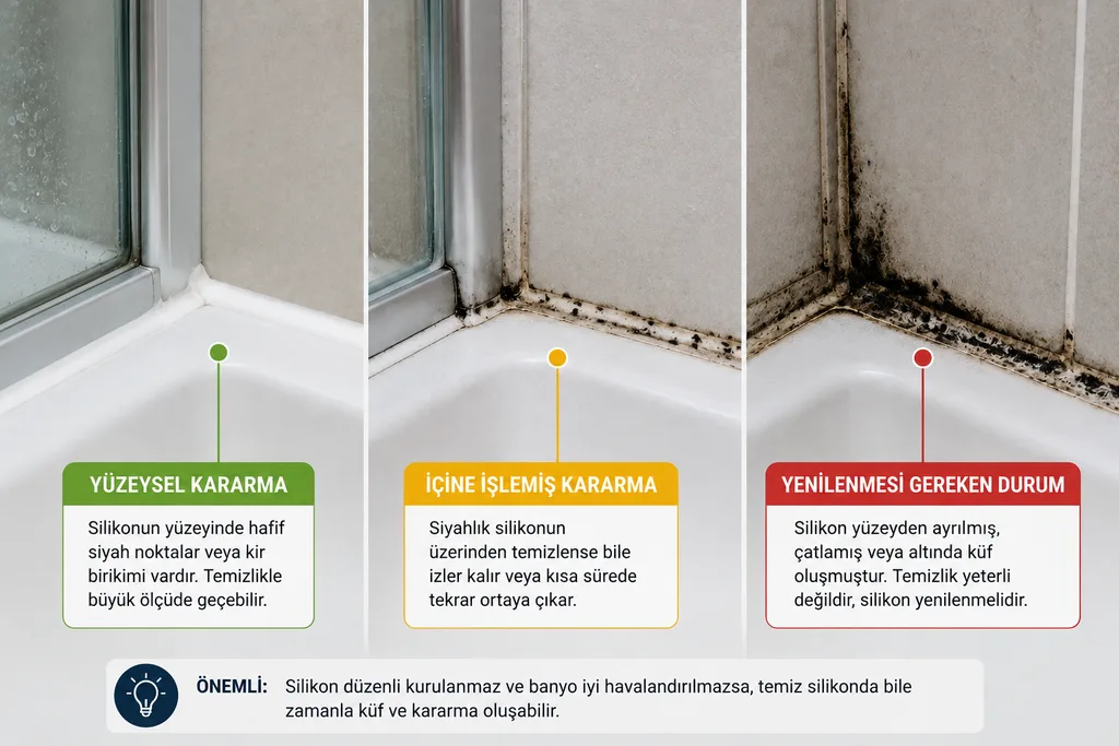 Duşakabin kenarında siyahlaşmış banyo silikonu ve yüzeysel kararma