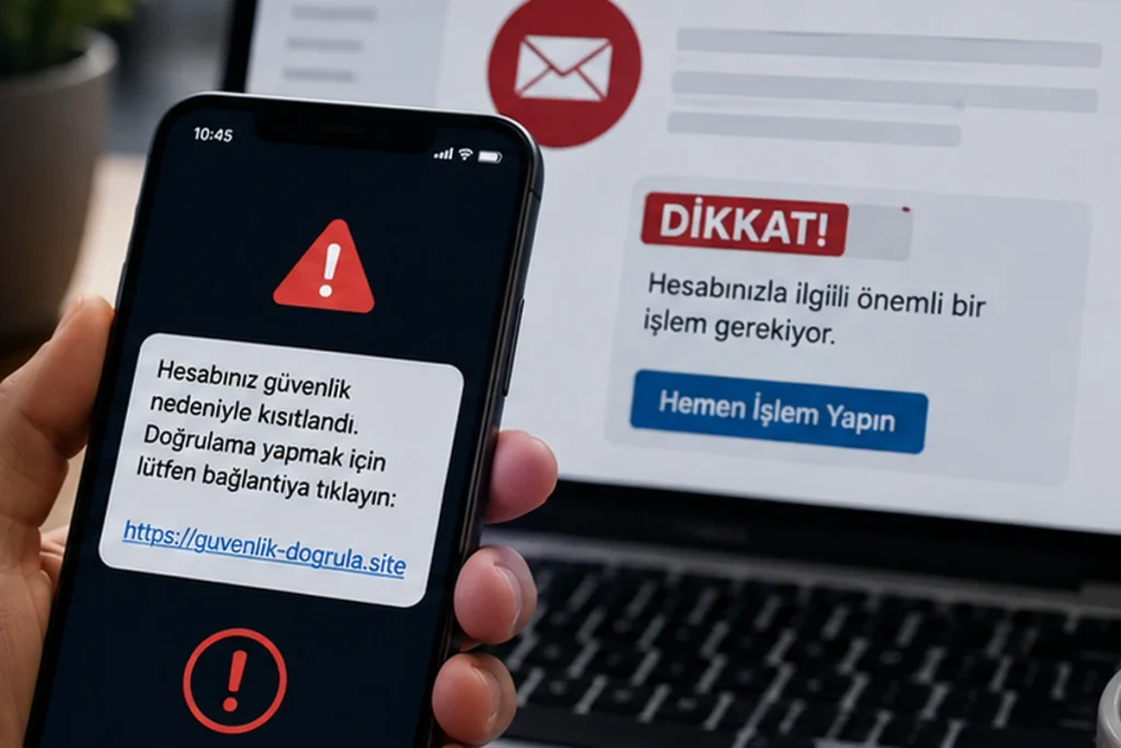 Şüpheli mesajdaki bağlantıya tıklamak yerine kurumun resmî uygulamasını kontrol eden kullanıcı