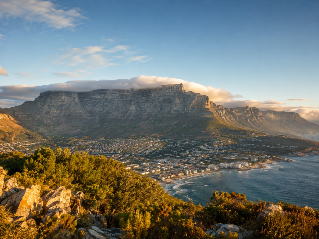Güney Afrika'da Cape Town üzerinde uzanan Table Mountain manzarası
