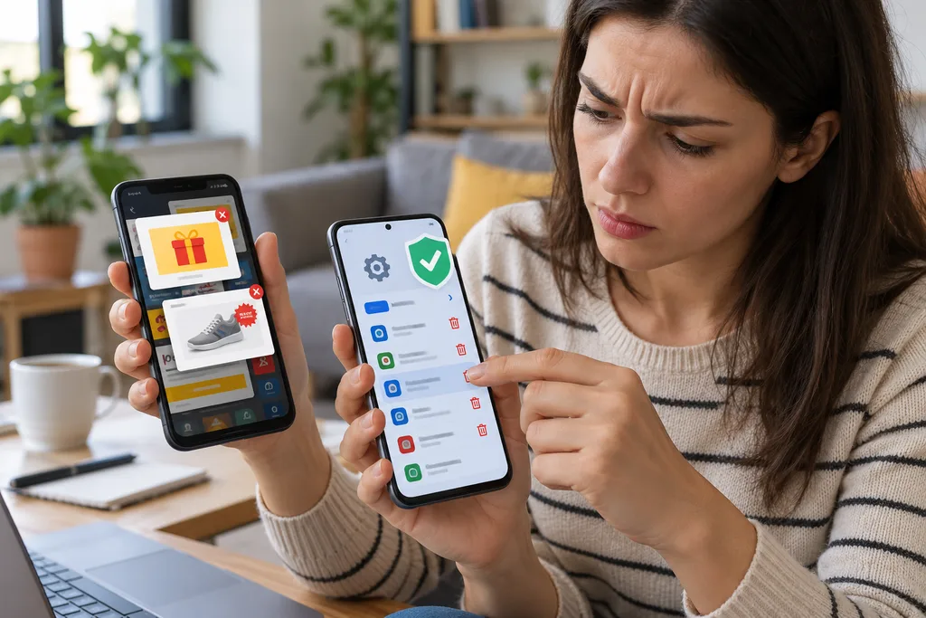 Bir elinde pop-up reklamlarla dolu telefon, diğer elinde uygulama listesinden şüpheli uygulamaları silen telefon tutan kadın