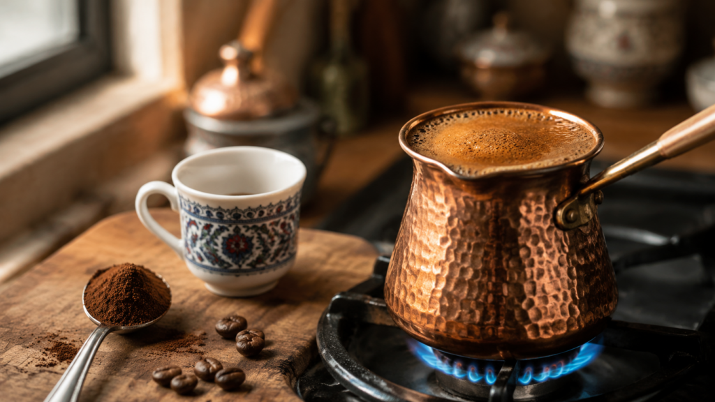 Bakır cezvede kısık ateşte köpüklü Türk kahvesi pişirme