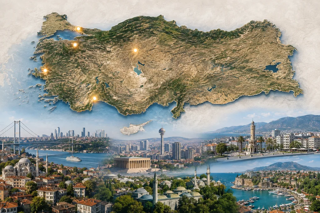 İstanbul, Ankara, İzmir, Bursa ve Antalya başta olmak üzere Türkiye’nin en kalabalık şehirlerinin harita üzerindeki dağılımı.