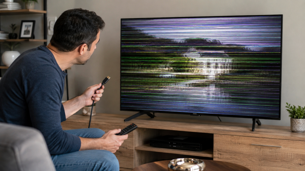 Televizyon ekranındaki çizgi sorununda HDMI kablosu ve görüntü kaynağını kontrol eden kullanıcı