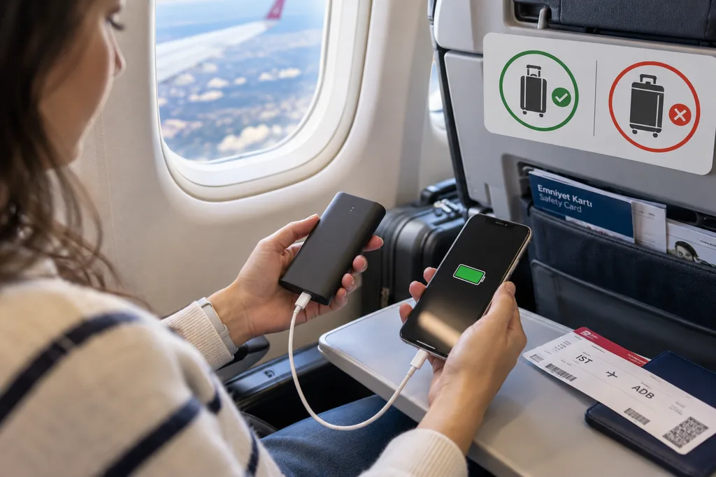 Uçakta powerbank kullanımı ve 2026 yılında kabin bagajında taşınmasına ilişkin kurallar.