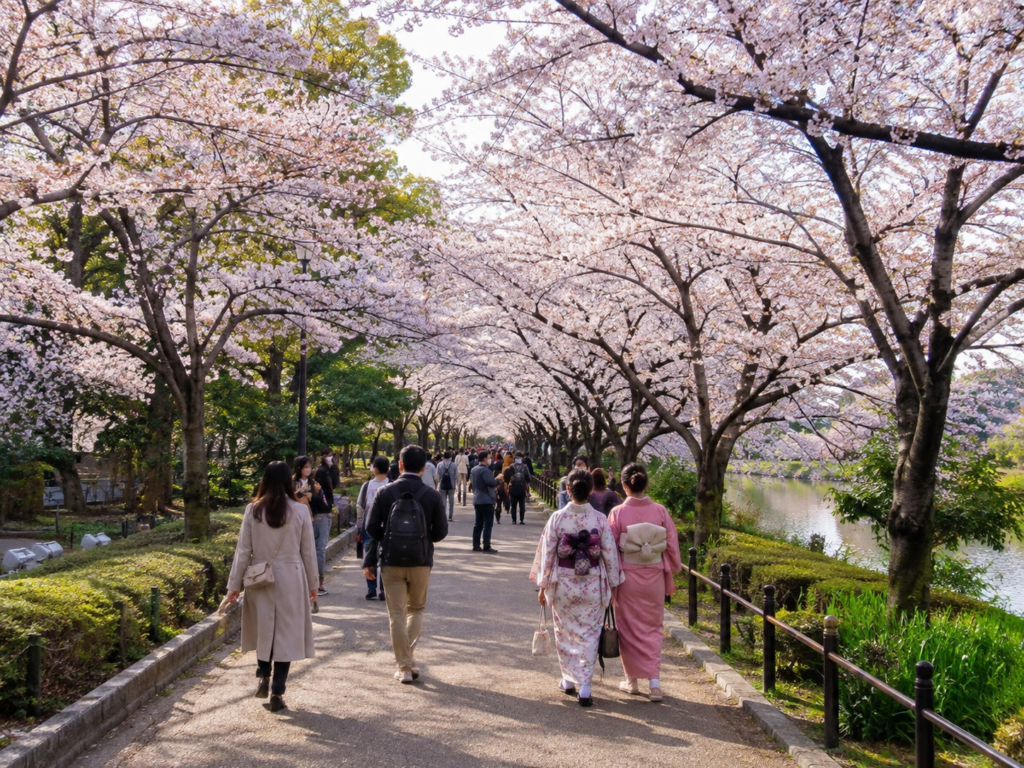 Tokyo Ueno Parkı'nda sakura ağaçları altında yürüyen ziyaretçiler