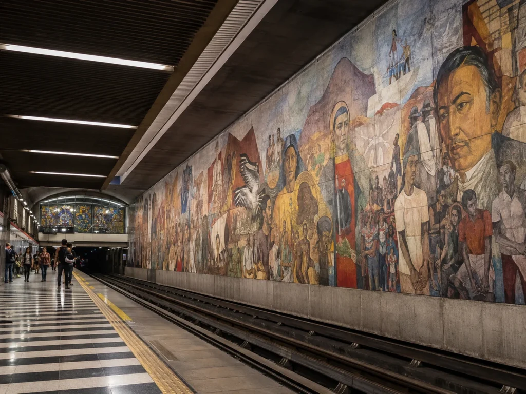 Santiago Universidad de Chile metro istasyonunun Şili tarihini anlatan büyük duvar resimleri