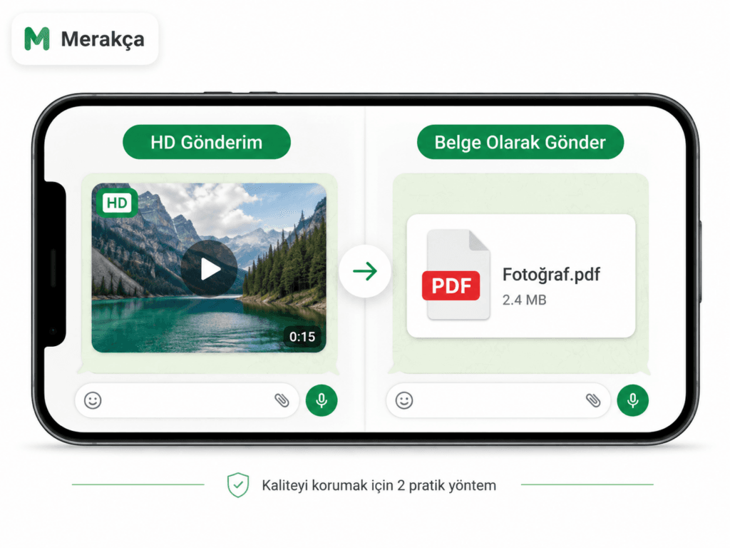 Telefon ekranında WhatsApp'ta HD video gönderimi ile dosyanın PDF belge olarak gönderiminin karşılaştırması