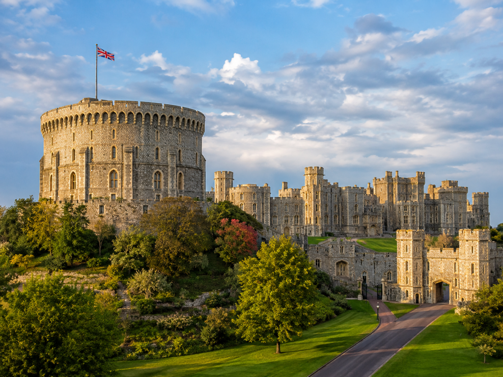 İngiltere'deki tarihi Windsor Kalesi ve çevresindeki bahçeler