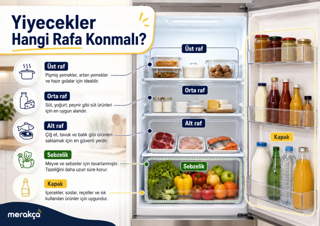 Buzdolabı raf düzeni: üst rafta pişmiş yemekler, orta rafta süt ürünleri, alt rafta çiğ et ve balık, sebzelikte meyve-sebze, kapakta içecek ve soslar