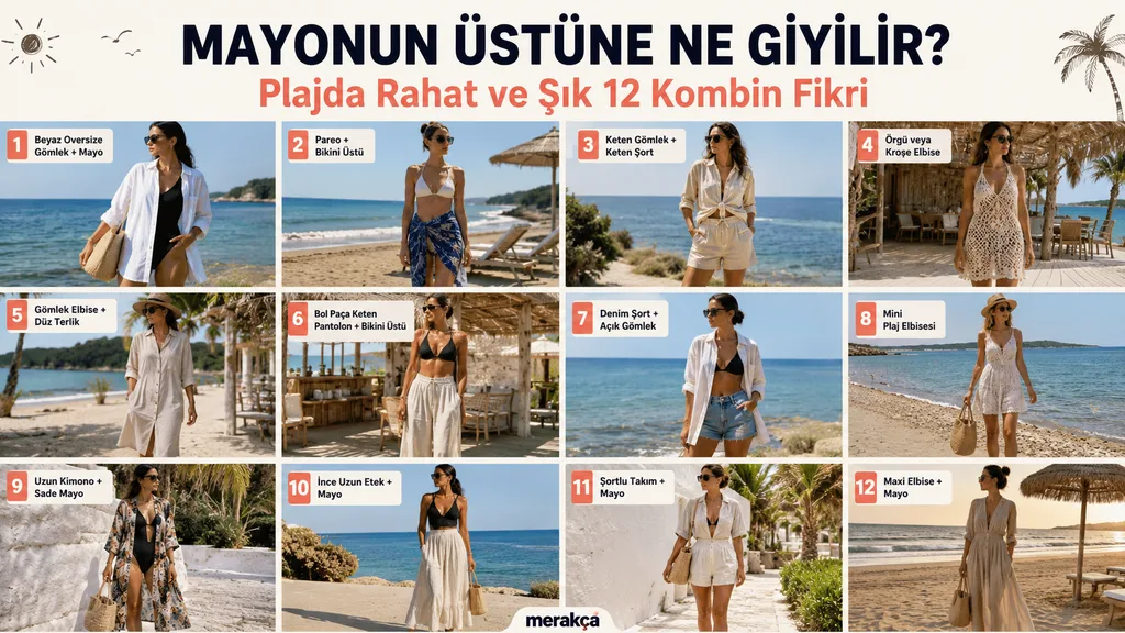 Keten gömlek, pareo ve plaj aksesuarlarıyla hazırlanmış yaz kombini