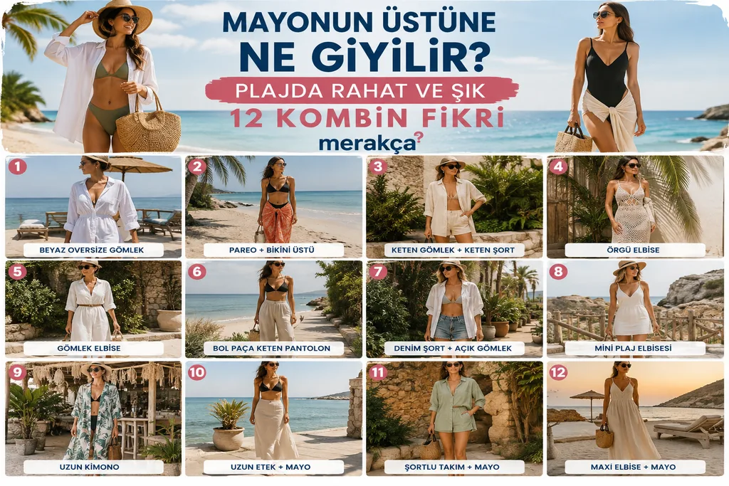 Keten gömlek, pareo ve plaj aksesuarlarıyla hazırlanmış yaz kombini