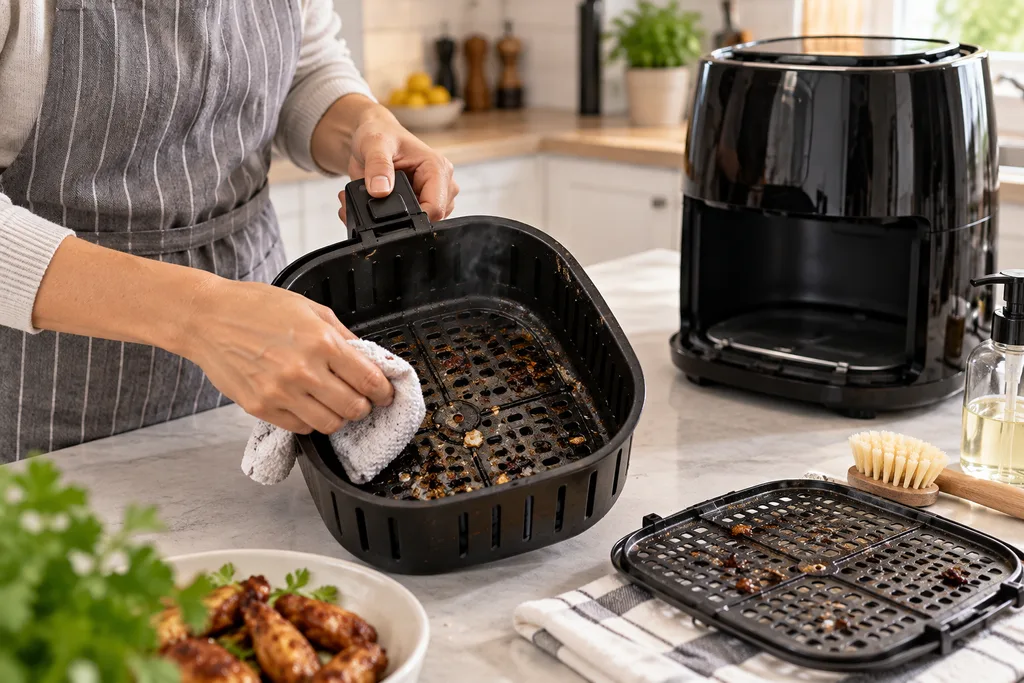 Airfryer sepetinde biriken yağ ve yemek kalıntılarının kontrol edilmesi