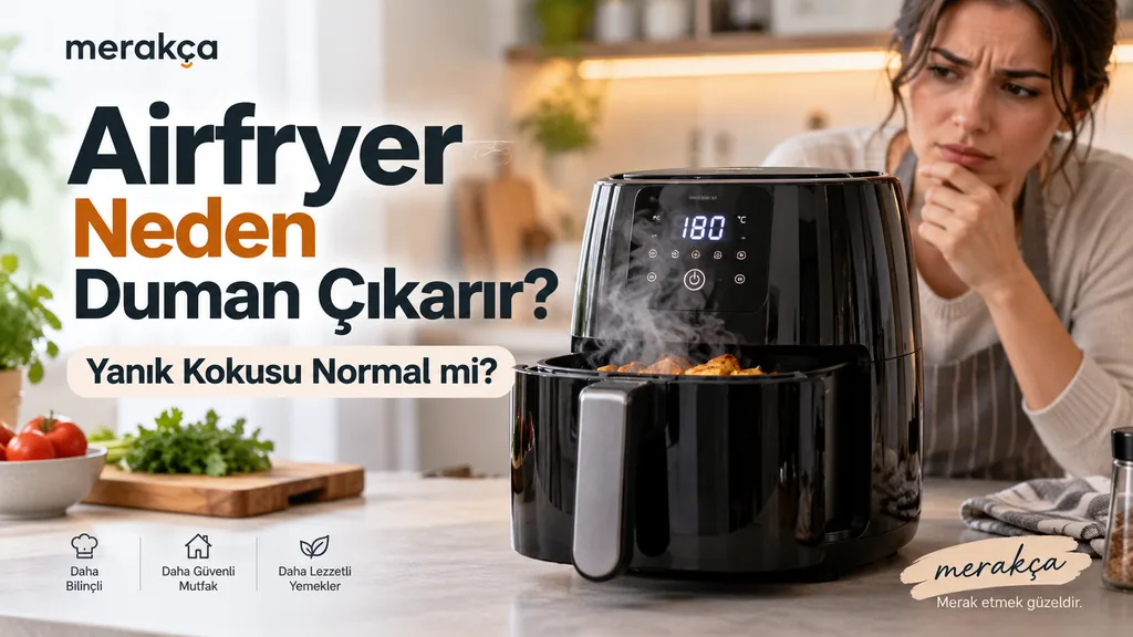 Çalışırken arka bölümünden hafif duman çıkan Airfryer ve mutfak tezgâhı