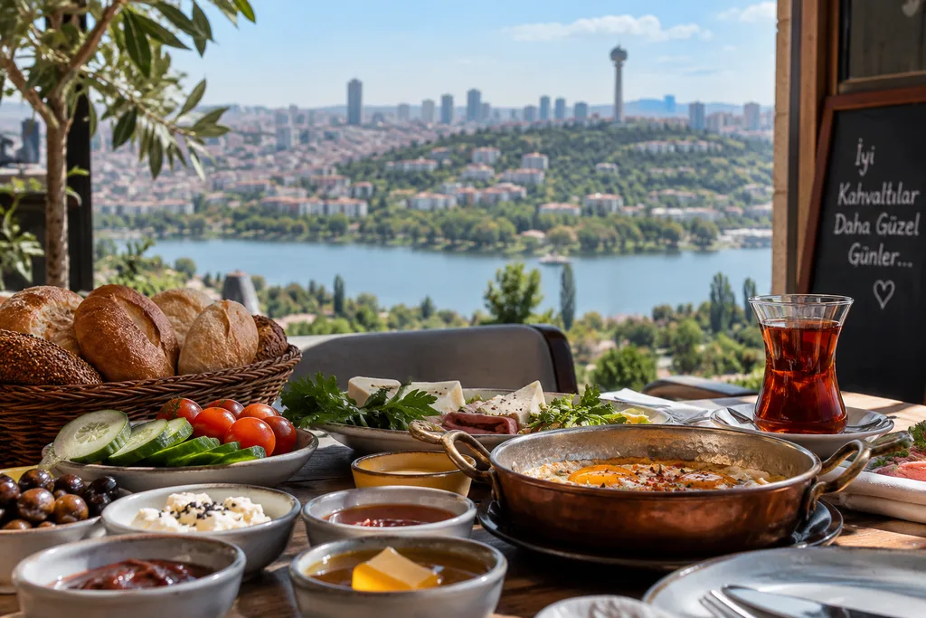 Ankara’da kahvaltı mekânında sunulan serpme kahvaltı ve açık oturma alanı