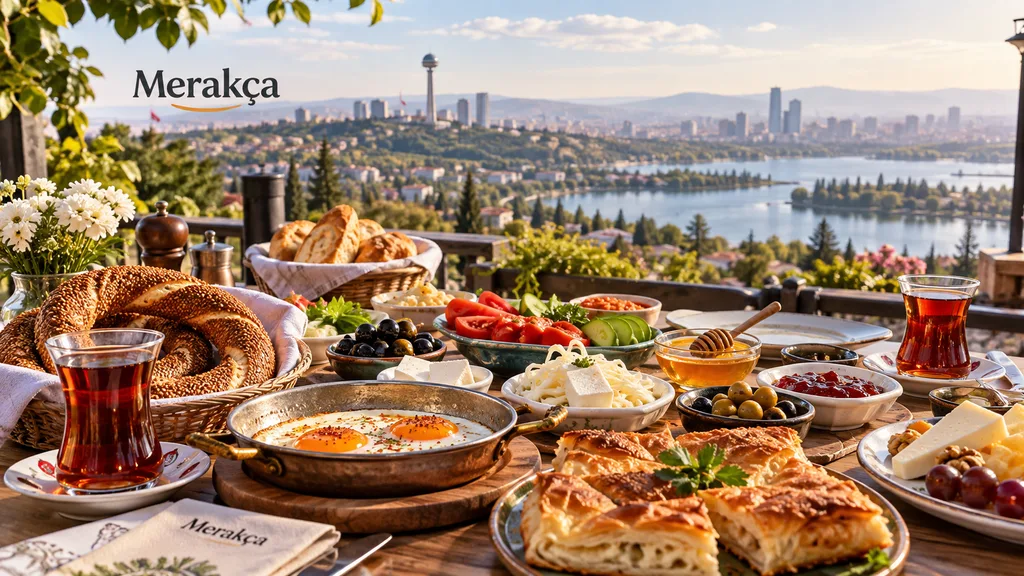 Ankara’da kahvaltı için hazırlanmış zengin kahvaltı masası ve şehir manzarası