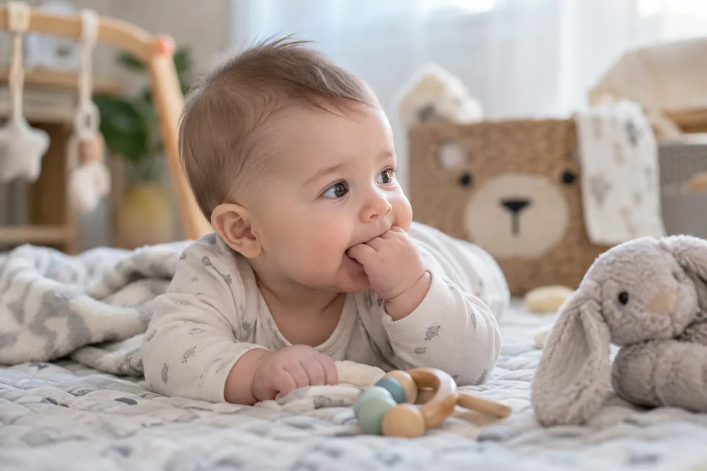 Oyun sırasında parmaklarını ağzına götüren bebek