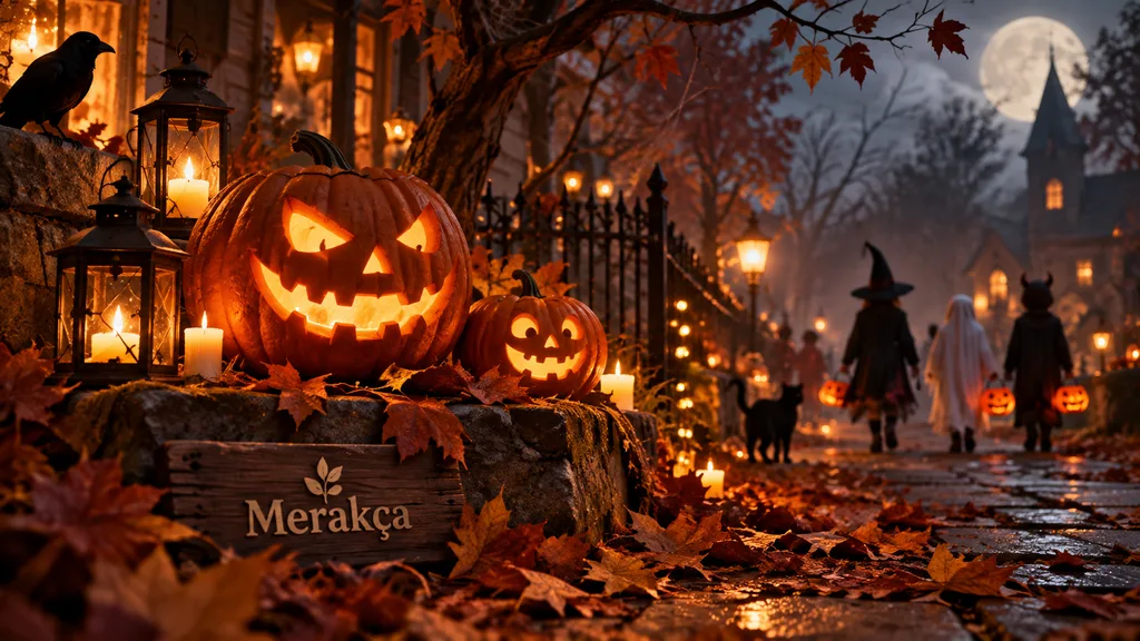 31 Ekim Halloween gecesinde ışıklı balkabakları ve sonbahar süslemeleri