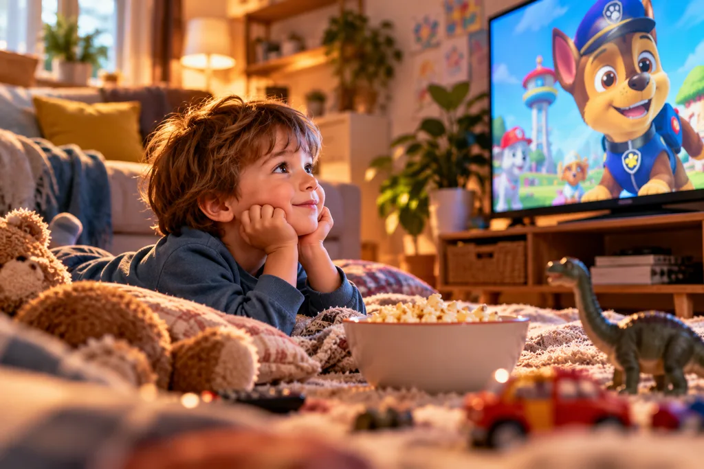 Evde televizyon karşısında tanıdığı çizgi filme dikkatle bakan çocuk
