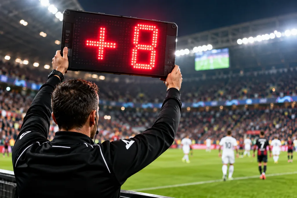 Futbol sahasının kenarında gösterilen maç sonu ek süre tabelası
