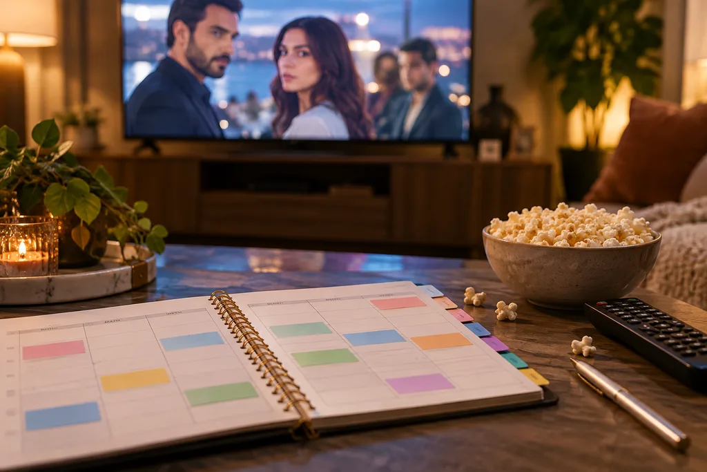 Televizyon karşısında haftalık dizi yayın programını inceleyen izleyici