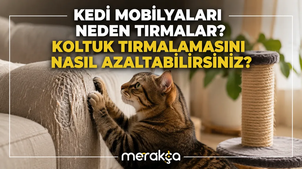 Koltuk yanında yer alan dikey tırmalama direğini kullanan kedi