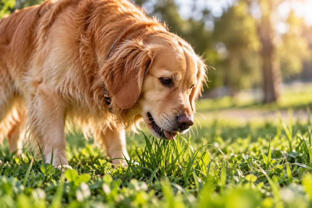 Yürüyüş sırasında çimleri koklayıp yiyen bir köpek