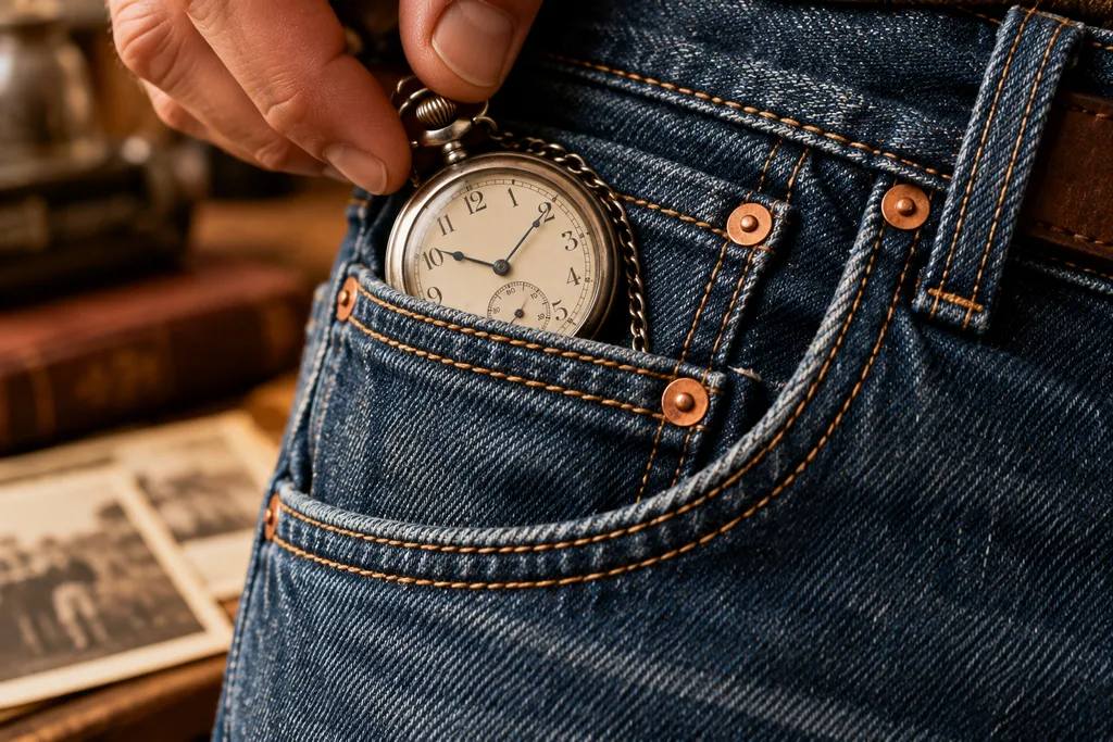 Denim pantolondaki küçük saat cebine yerleştirilmiş eski cep saati