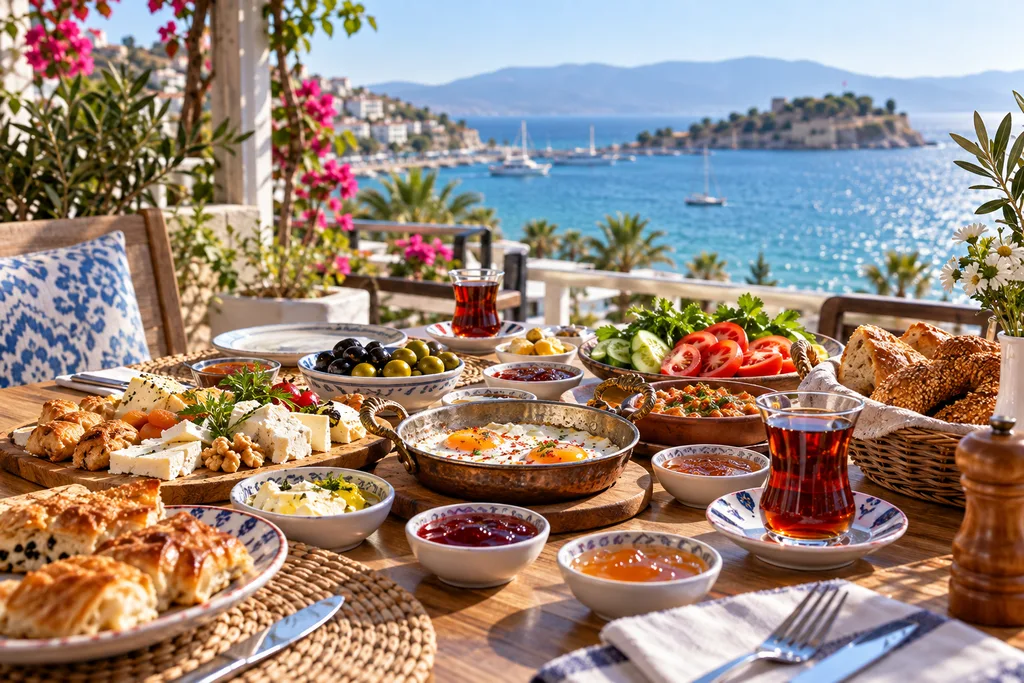 Kuşadası’nda deniz kenarında kahvaltı yapan misafirler ve kahvaltı masası