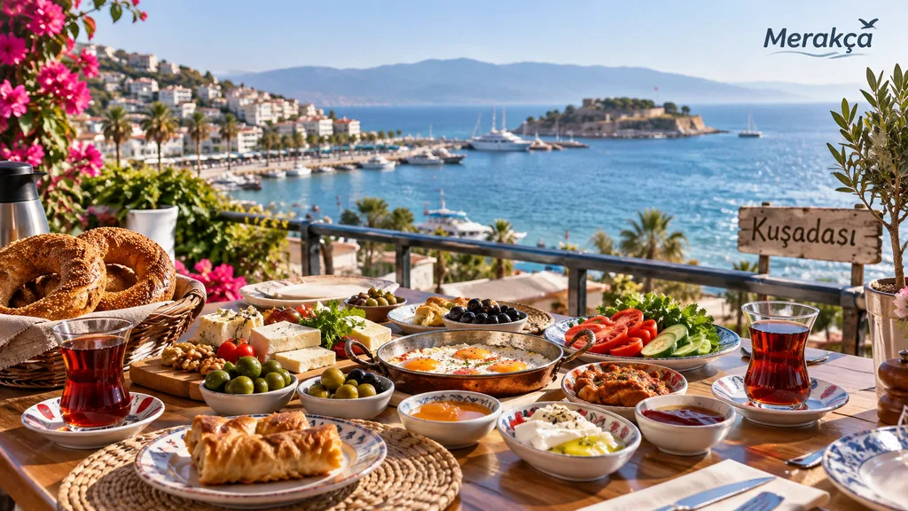 Kuşadası’nda deniz manzarasına karşı hazırlanan serpme kahvaltı masası