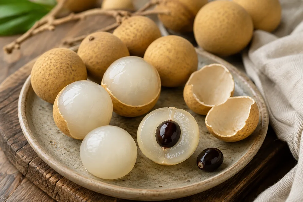 Kahverengi kabuğu soyulmuş longan meyvesi ve koyu renkli çekirdeği