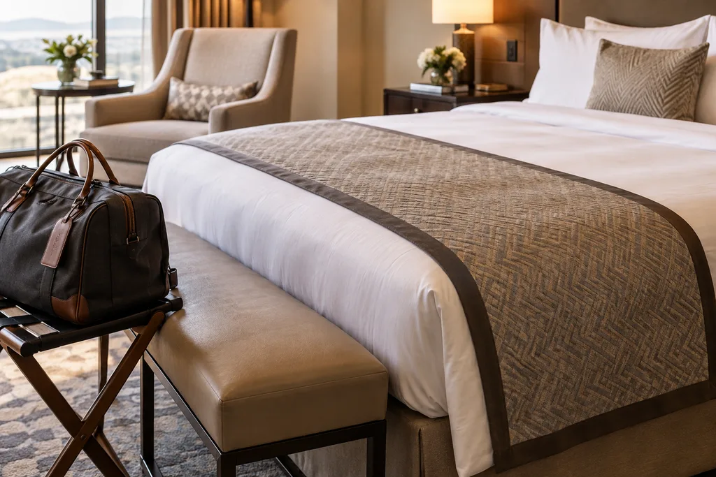 Otel odasında yatağın ayak ucuna yerleştirilmiş renkli bed runner
