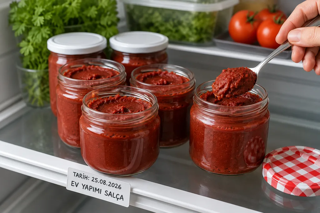 Küçük cam kavanozlarda buzdolabında saklanmak üzere porsiyonlanmış ev yapımı salça