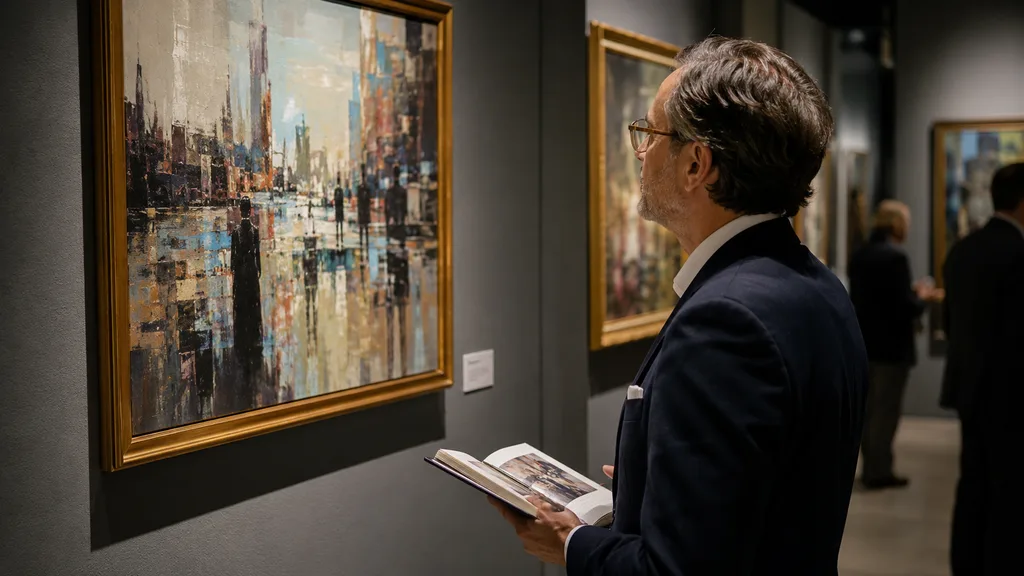 Müzayede öncesinde bir sanat eserini inceleyen uzman ve koleksiyoner