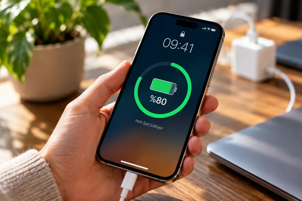 Şarja bağlı telefonda yüzde 80 pil seviyesinin görülmesi