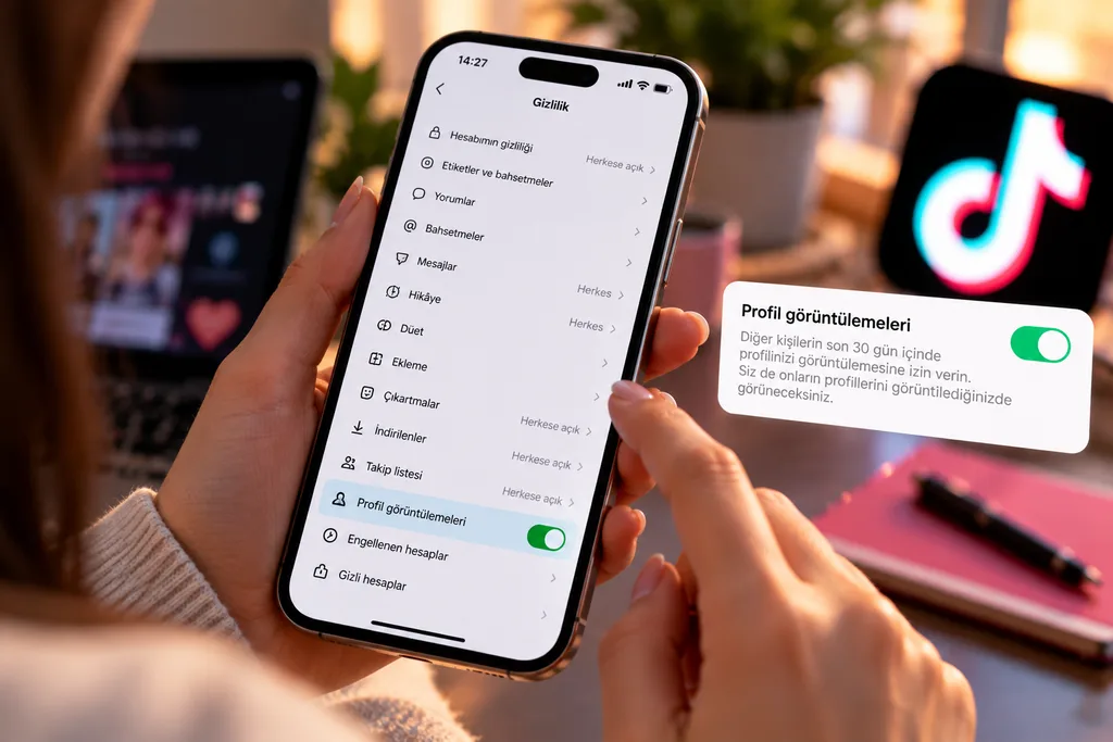 Telefonda TikTok gizlilik ayarlarından profil görüntüleme geçmişini kontrol eden kullanıcı