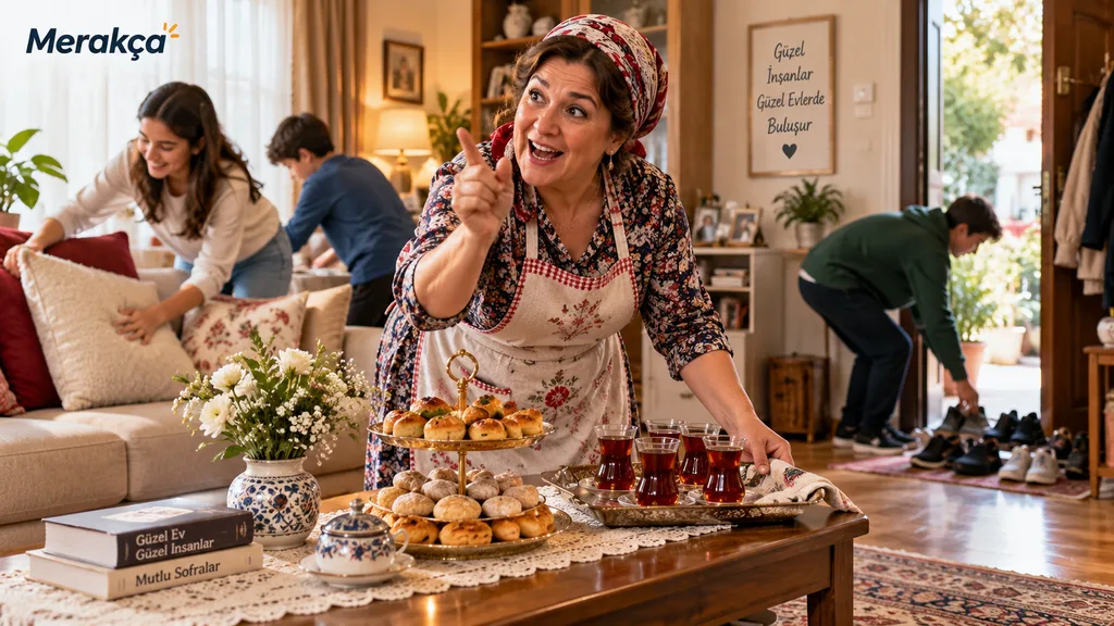 Misafir gelmeden önce evi hazırlayan telaşlı Türk anne ve ailesi
